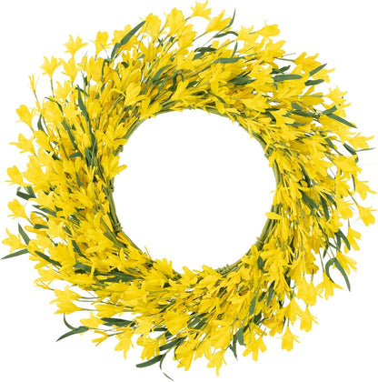 22 Inch Spring Summer Wreaths for Front Door, Artificial Yellow Forsythia Wreath with Green Leaves, Large Silk Floral Wreath for All Seasons Window Wall Wedding Decor