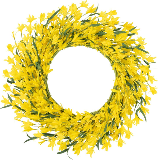 22 Inch Spring Summer Wreaths for Front Door, Artificial Yellow Forsythia Wreath with Green Leaves, Large Silk Floral Wreath for All Seasons Window Wall Wedding Decor