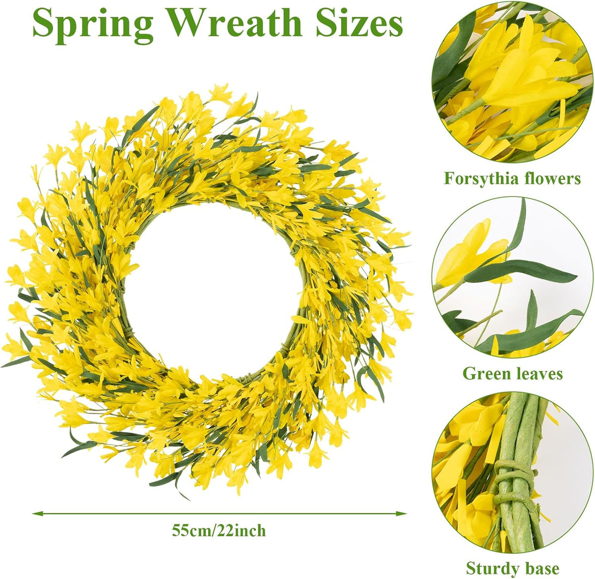 22 Inch Spring Summer Wreaths for Front Door, Artificial Yellow Forsythia Wreath with Green Leaves, Large Silk Floral Wreath for All Seasons Window Wall Wedding Decor