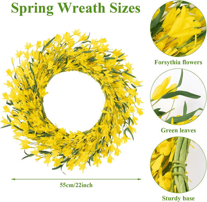 22 Inch Spring Summer Wreaths for Front Door, Artificial Yellow Forsythia Wreath with Green Leaves, Large Silk Floral Wreath for All Seasons Window Wall Wedding Decor