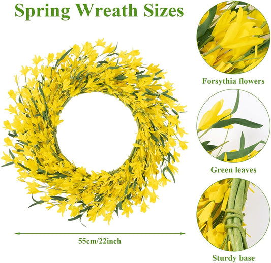 22 Inch Spring Summer Wreaths for Front Door, Artificial Yellow Forsythia Wreath with Green Leaves, Large Silk Floral Wreath for All Seasons Window Wall Wedding Decor