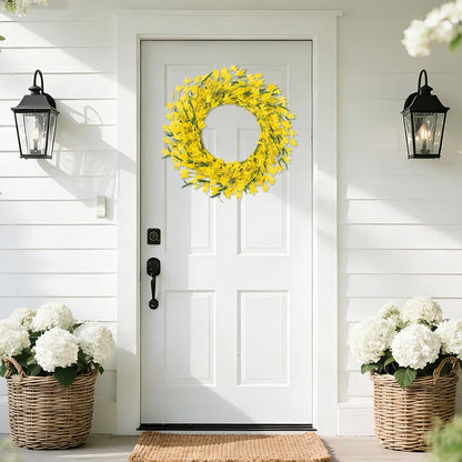 22 Inch Spring Summer Wreaths for Front Door, Artificial Yellow Forsythia Wreath with Green Leaves, Large Silk Floral Wreath for All Seasons Window Wall Wedding Decor