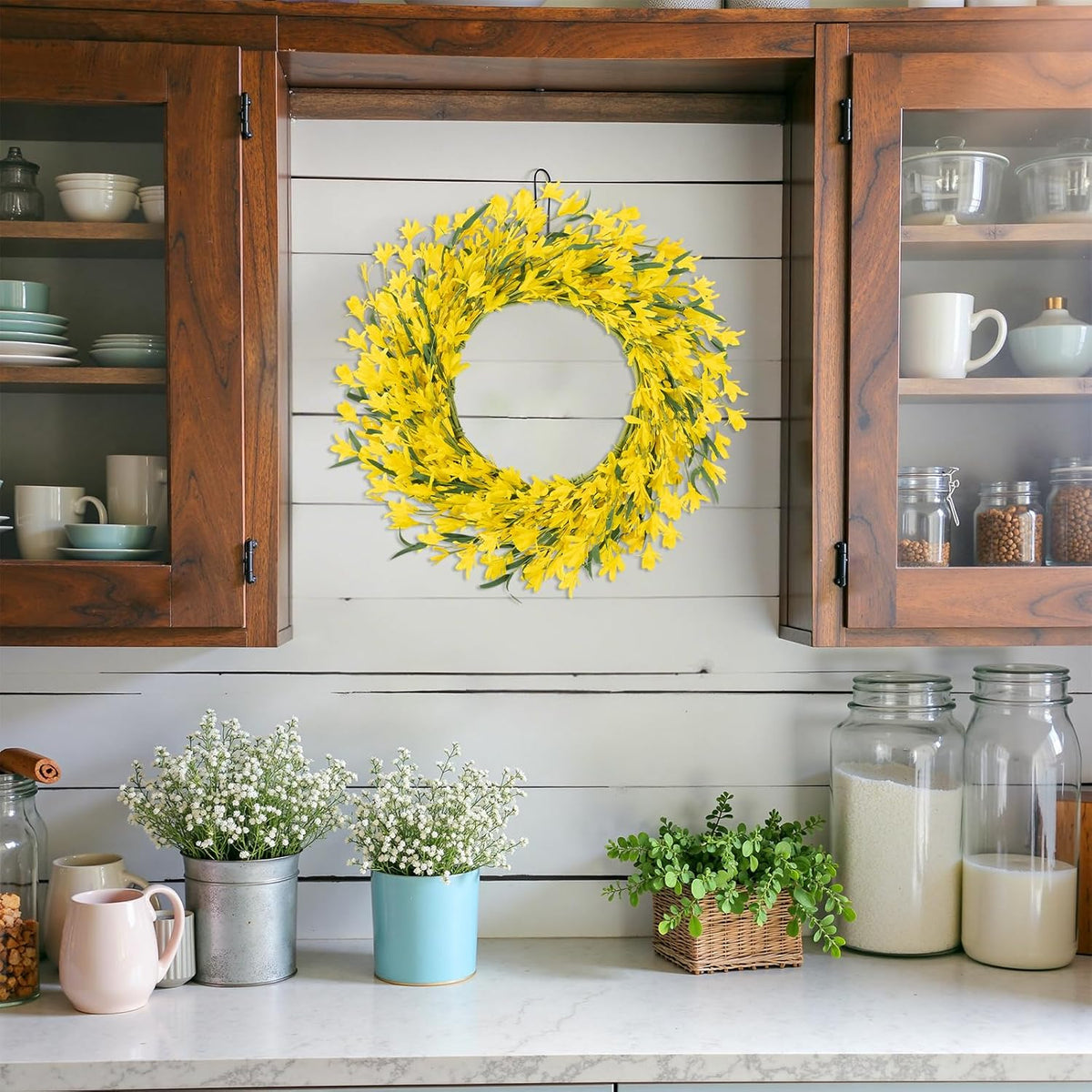 22 Inch Spring Summer Wreaths for Front Door, Artificial Yellow Forsythia Wreath with Green Leaves, Large Silk Floral Wreath for All Seasons Window Wall Wedding Decor