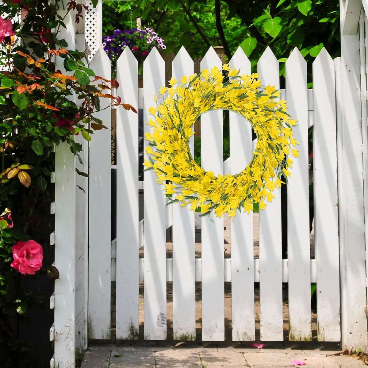22 Inch Spring Summer Wreaths for Front Door, Artificial Yellow Forsythia Wreath with Green Leaves, Large Silk Floral Wreath for All Seasons Window Wall Wedding Decor