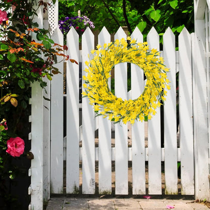 22 Inch Spring Summer Wreaths for Front Door, Artificial Yellow Forsythia Wreath with Green Leaves, Large Silk Floral Wreath for All Seasons Window Wall Wedding Decor