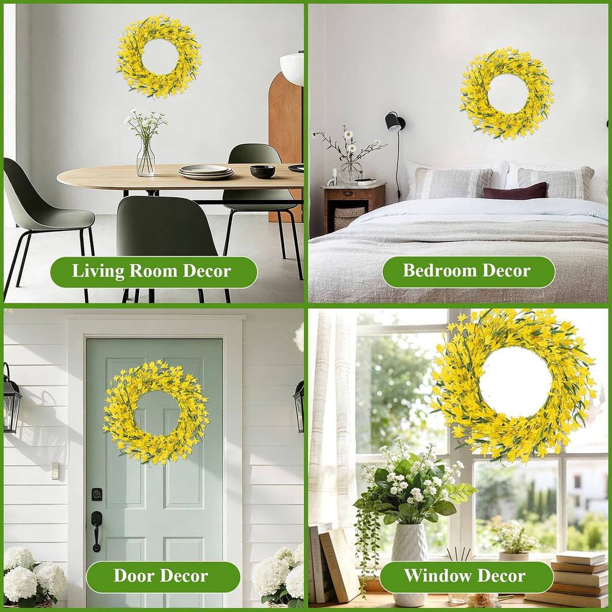 22 Inch Spring Summer Wreaths for Front Door, Artificial Yellow Forsythia Wreath with Green Leaves, Large Silk Floral Wreath for All Seasons Window Wall Wedding Decor