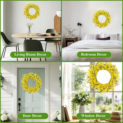 22 Inch Spring Summer Wreaths for Front Door, Artificial Yellow Forsythia Wreath with Green Leaves, Large Silk Floral Wreath for All Seasons Window Wall Wedding Decor