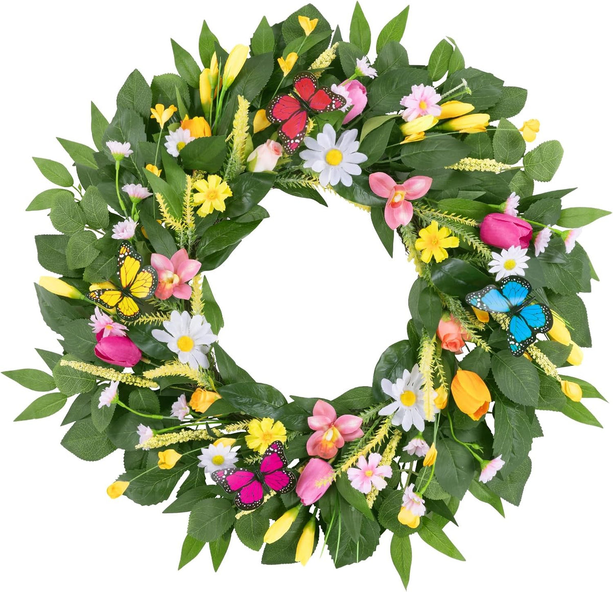 22 Inch Spring Summer Wreaths for Front Door, Artificial Yellow Forsythia Wreath with Green Leaves, Large Silk Floral Wreath for All Seasons Window Wall Wedding Decor