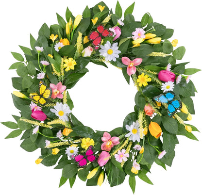 22 Inch Spring Summer Wreaths for Front Door, Artificial Yellow Forsythia Wreath with Green Leaves, Large Silk Floral Wreath for All Seasons Window Wall Wedding Decor