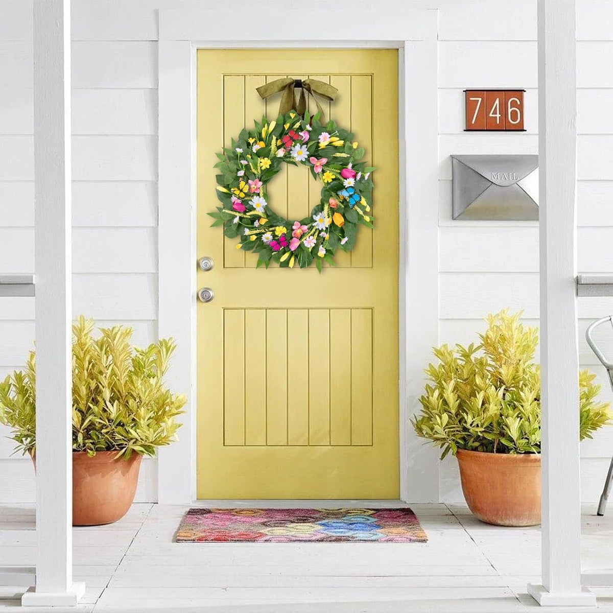 22 Inch Spring Summer Wreaths for Front Door, Artificial Yellow Forsythia Wreath with Green Leaves, Large Silk Floral Wreath for All Seasons Window Wall Wedding Decor