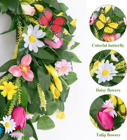 22 Inch Spring Summer Wreaths for Front Door, Artificial Yellow Forsythia Wreath with Green Leaves, Large Silk Floral Wreath for All Seasons Window Wall Wedding Decor