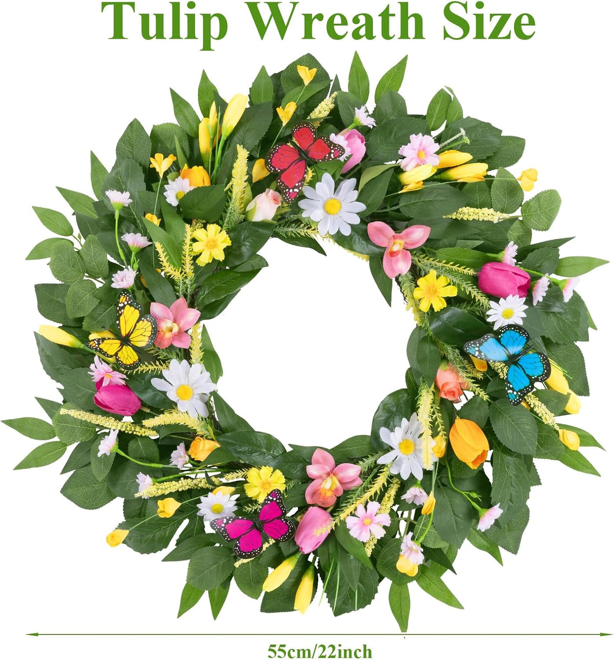 22 Inch Spring Summer Wreaths for Front Door, Artificial Yellow Forsythia Wreath with Green Leaves, Large Silk Floral Wreath for All Seasons Window Wall Wedding Decor
