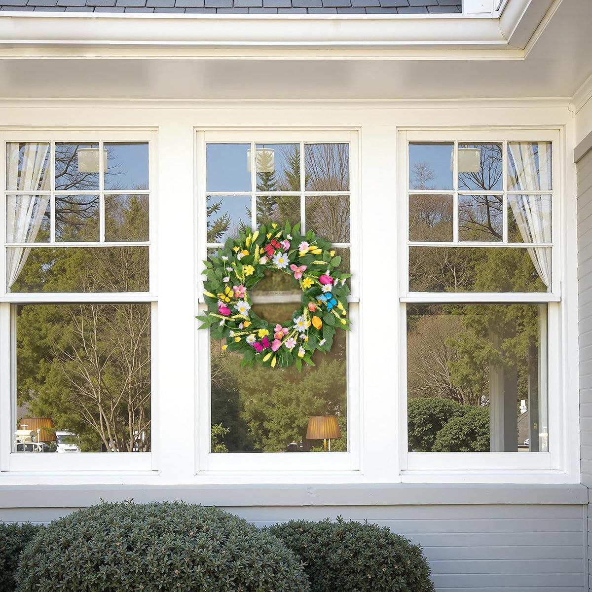 22 Inch Spring Summer Wreaths for Front Door, Artificial Yellow Forsythia Wreath with Green Leaves, Large Silk Floral Wreath for All Seasons Window Wall Wedding Decor