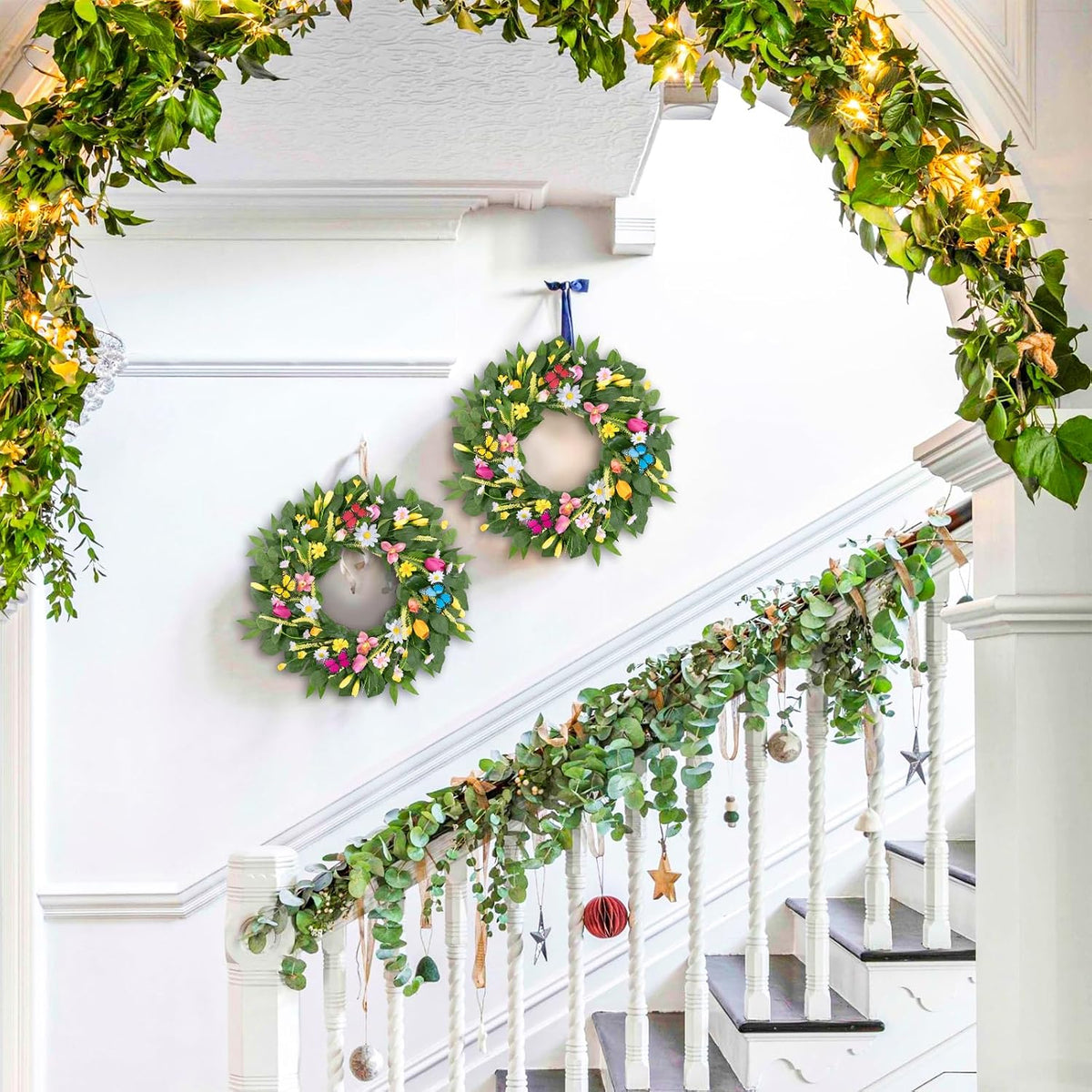 22 Inch Spring Summer Wreaths for Front Door, Artificial Yellow Forsythia Wreath with Green Leaves, Large Silk Floral Wreath for All Seasons Window Wall Wedding Decor