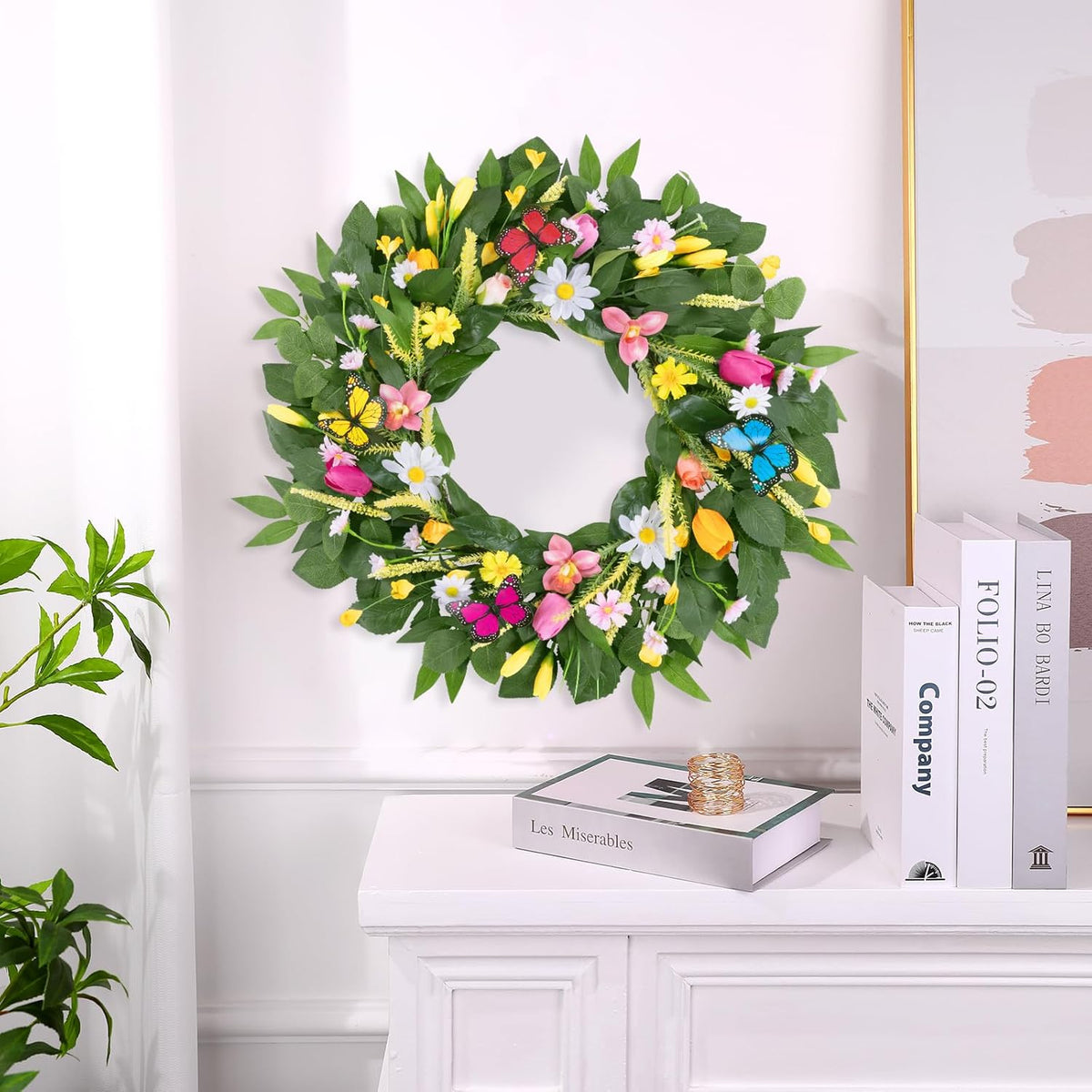 22 Inch Spring Summer Wreaths for Front Door, Artificial Yellow Forsythia Wreath with Green Leaves, Large Silk Floral Wreath for All Seasons Window Wall Wedding Decor