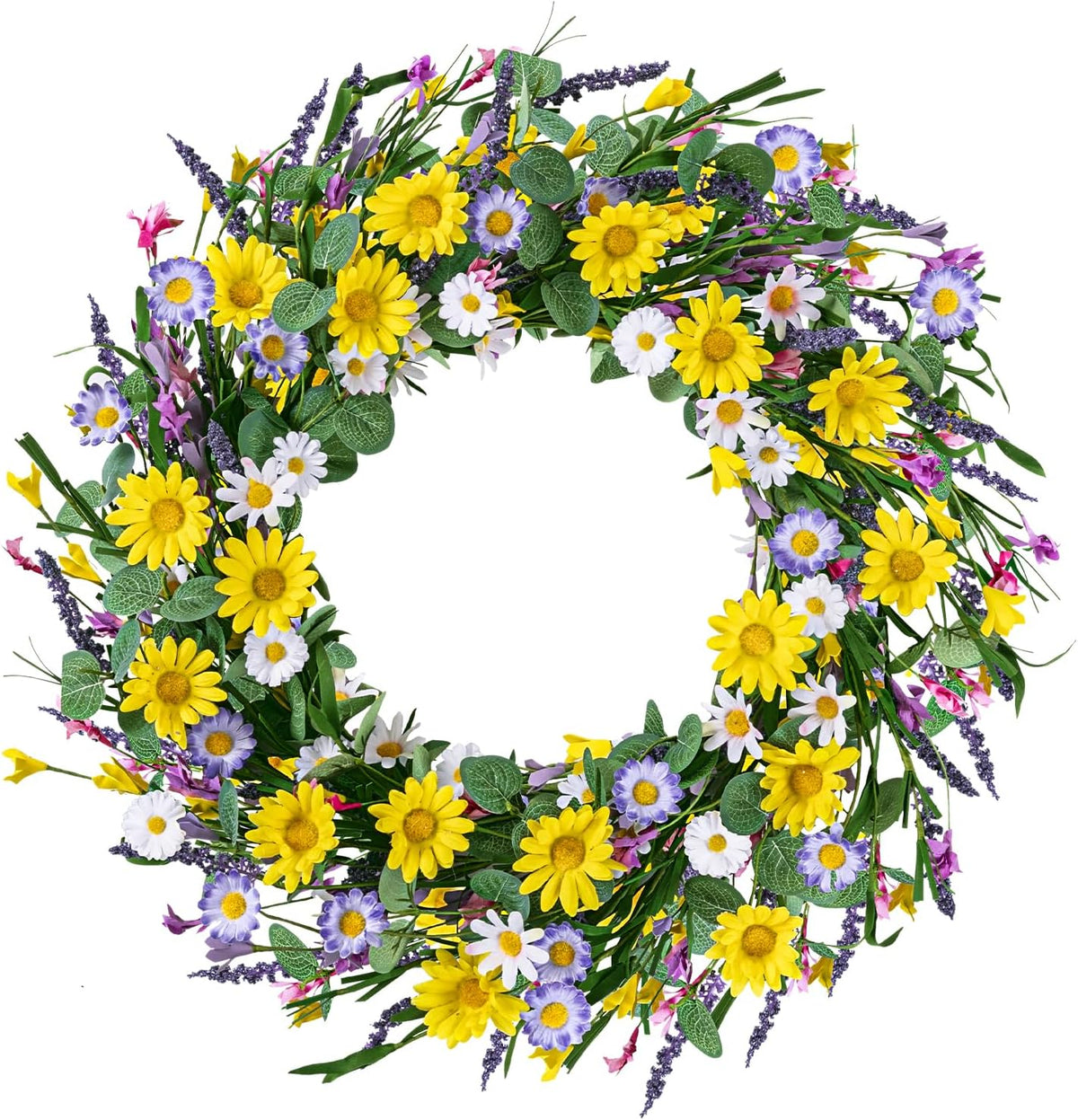 22 Inch Spring Summer Wreaths for Front Door, Artificial Yellow Forsythia Wreath with Green Leaves, Large Silk Floral Wreath for All Seasons Window Wall Wedding Decor
