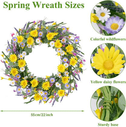 22 Inch Spring Summer Wreaths for Front Door, Artificial Yellow Forsythia Wreath with Green Leaves, Large Silk Floral Wreath for All Seasons Window Wall Wedding Decor