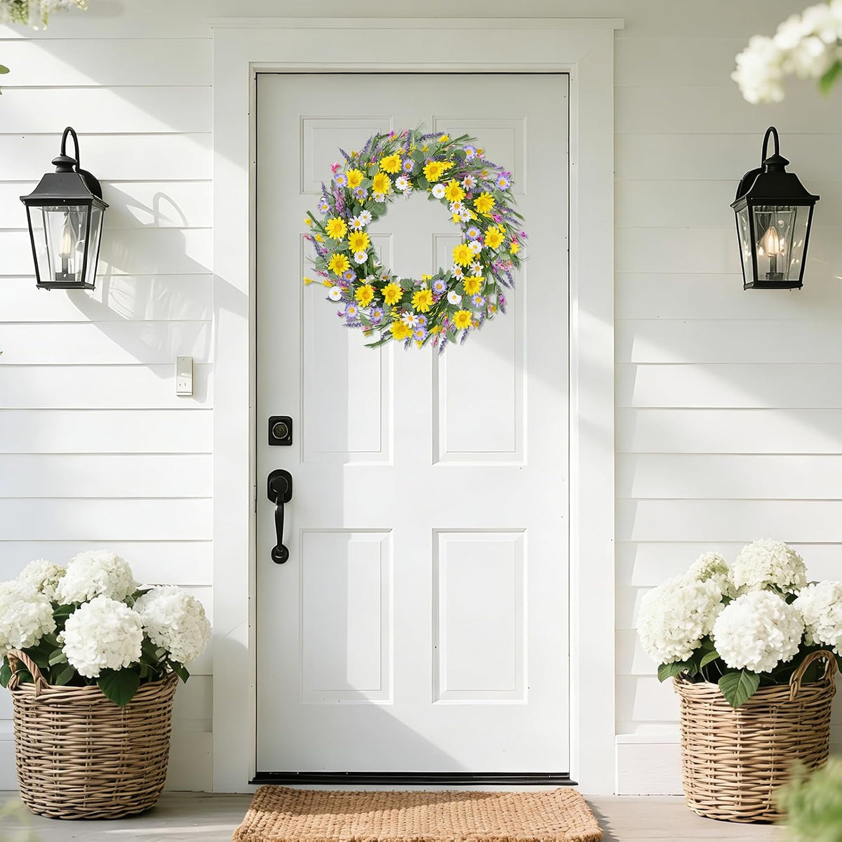 22 Inch Spring Summer Wreaths for Front Door, Artificial Yellow Forsythia Wreath with Green Leaves, Large Silk Floral Wreath for All Seasons Window Wall Wedding Decor