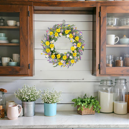 22 Inch Spring Summer Wreaths for Front Door, Artificial Yellow Forsythia Wreath with Green Leaves, Large Silk Floral Wreath for All Seasons Window Wall Wedding Decor