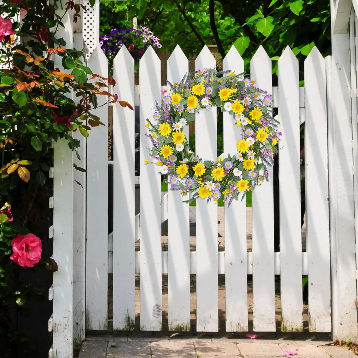 22 Inch Spring Summer Wreaths for Front Door, Artificial Yellow Forsythia Wreath with Green Leaves, Large Silk Floral Wreath for All Seasons Window Wall Wedding Decor