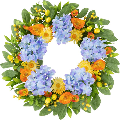 22 Inch Spring Summer Wreaths for Front Door, Artificial Yellow Forsythia Wreath with Green Leaves, Large Silk Floral Wreath for All Seasons Window Wall Wedding Decor