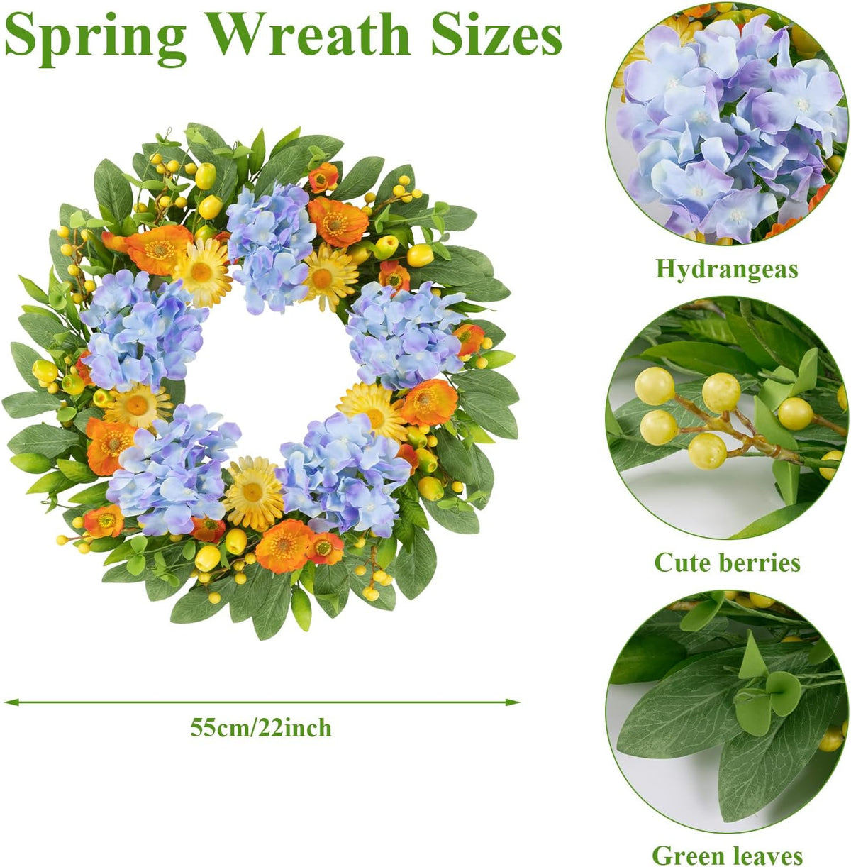 22 Inch Spring Summer Wreaths for Front Door, Artificial Yellow Forsythia Wreath with Green Leaves, Large Silk Floral Wreath for All Seasons Window Wall Wedding Decor
