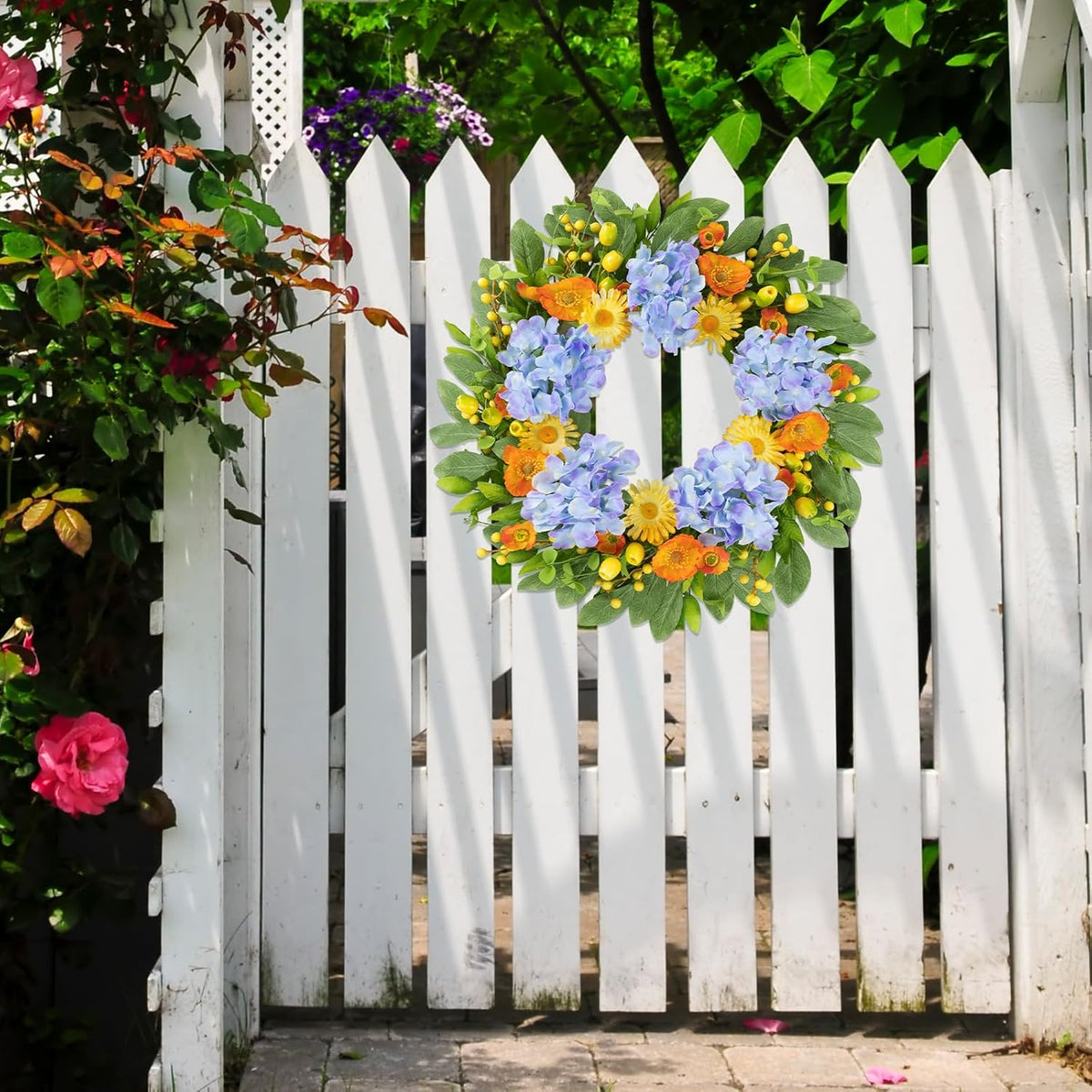 22 Inch Spring Summer Wreaths for Front Door, Artificial Yellow Forsythia Wreath with Green Leaves, Large Silk Floral Wreath for All Seasons Window Wall Wedding Decor