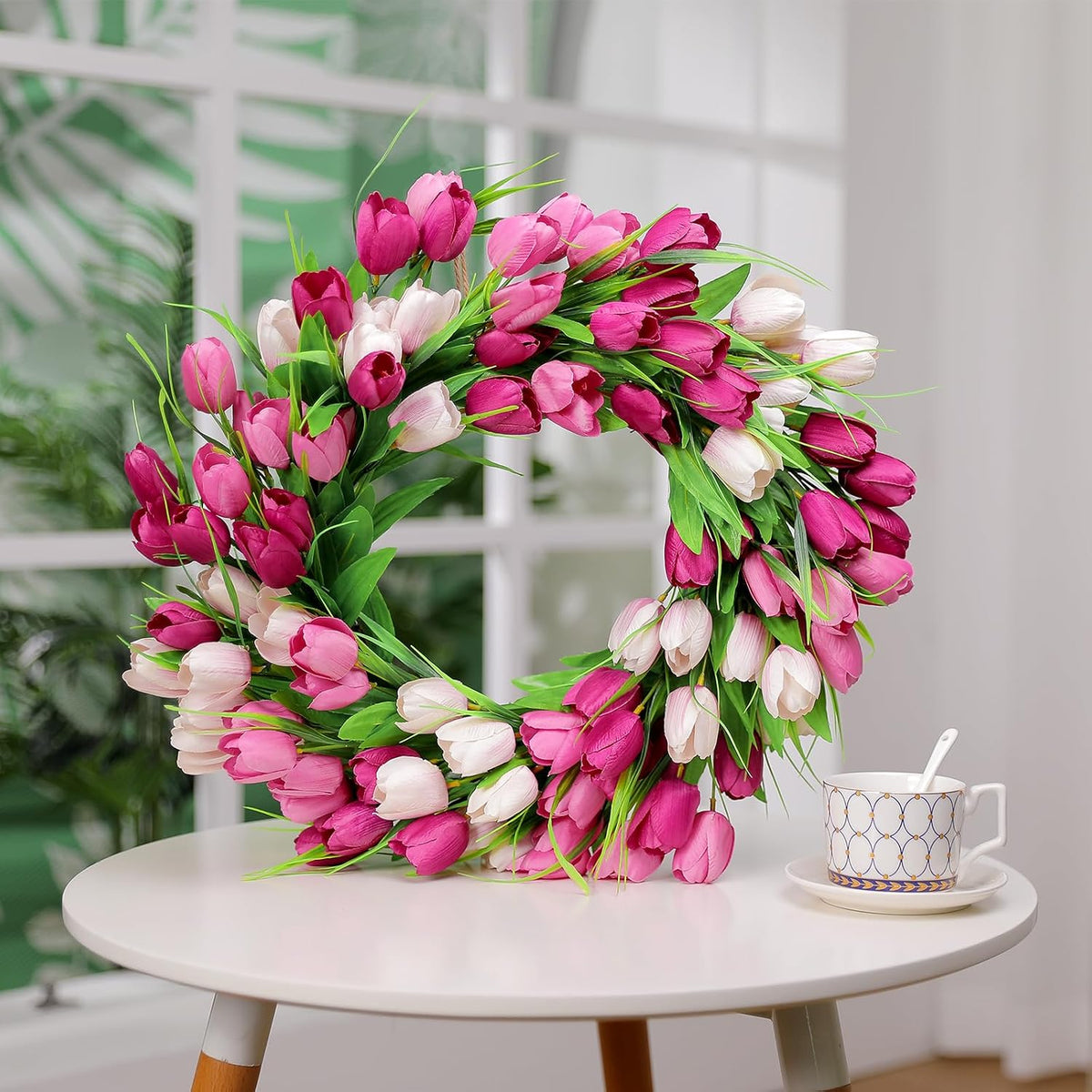 22 Inch Spring Summer Wreaths for Front Door, Artificial Yellow Forsythia Wreath with Green Leaves, Large Silk Floral Wreath for All Seasons Window Wall Wedding Decor