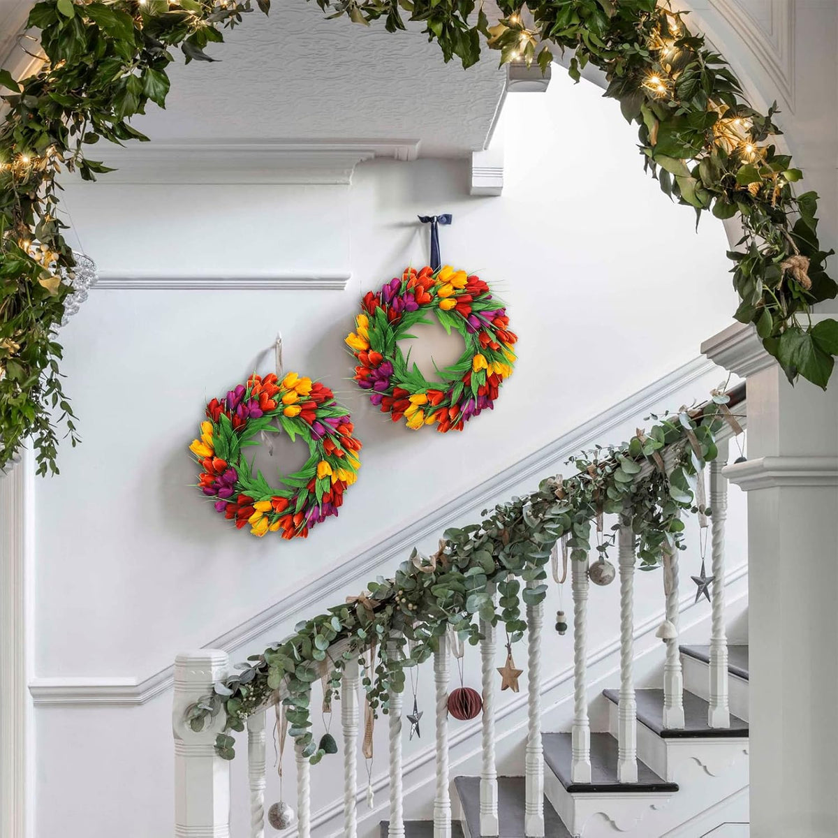 22 Inch Spring Summer Wreaths for Front Door, Artificial Yellow Forsythia Wreath with Green Leaves, Large Silk Floral Wreath for All Seasons Window Wall Wedding Decor