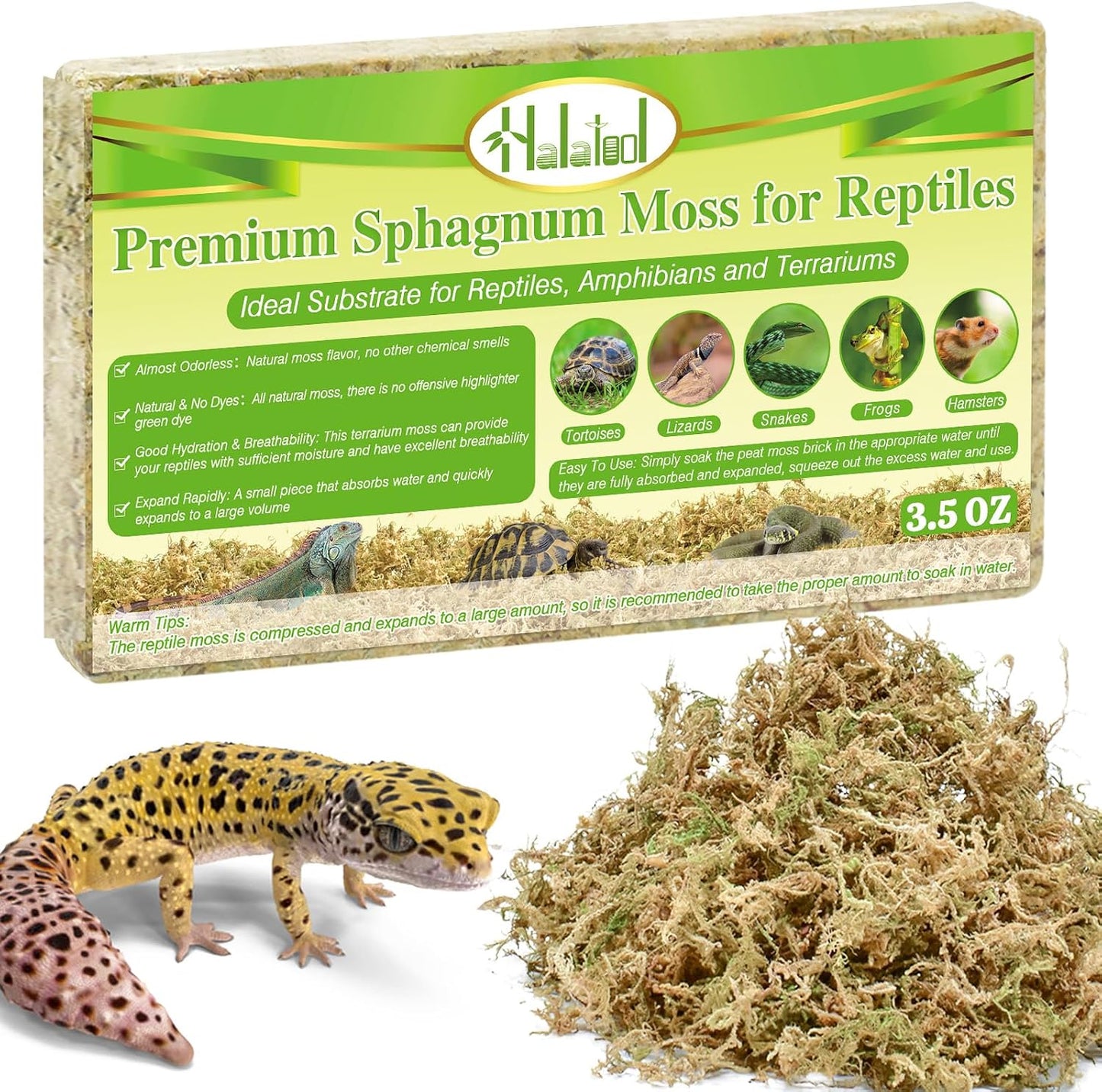 Sphagnum Moss for Reptiles, 3.5 oz Natural Terrarium Bedding Substrate | Long-fibered Sphagnum Moss for Reptile, Holds Humidity for Bearded Dragons, Geckos, Snakes, Turtles, and Hermit Crabs