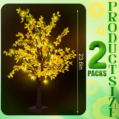 2 Pcs Fake Forsythia Tree Lamp Artificial Yellow Flowers Tree Lamp Forsythia Stems Birch Tree with LED Lights Spring Artificial Stem Flowers for Easter Home Party Wedding Holiday Spring Decor