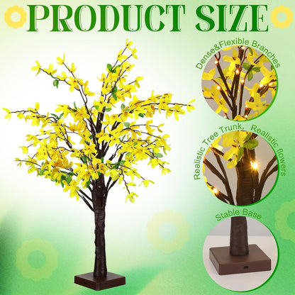 2 Pcs Fake Forsythia Tree Lamp Artificial Yellow Flowers Tree Lamp Forsythia Stems Birch Tree with LED Lights Spring Artificial Stem Flowers for Easter Home Party Wedding Holiday Spring Decor