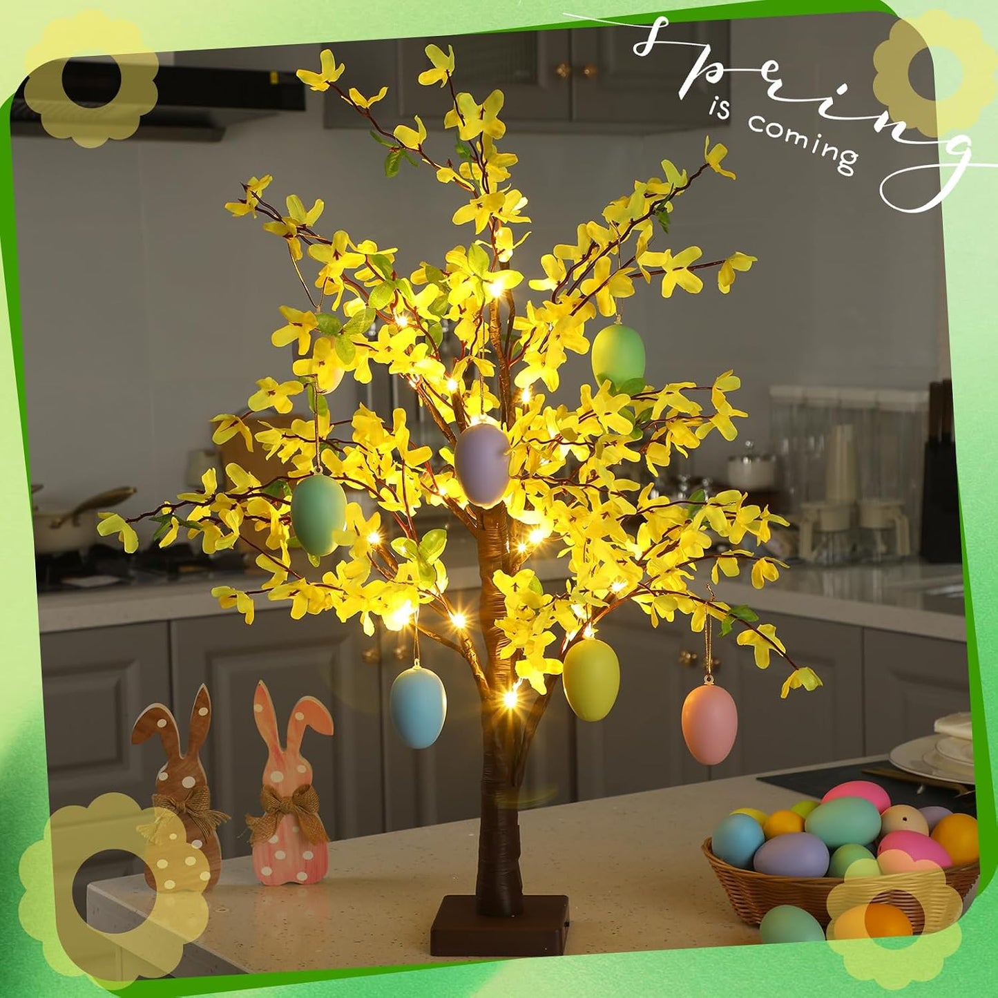 2 Pcs Fake Forsythia Tree Lamp Artificial Yellow Flowers Tree Lamp Forsythia Stems Birch Tree with LED Lights Spring Artificial Stem Flowers for Easter Home Party Wedding Holiday Spring Decor