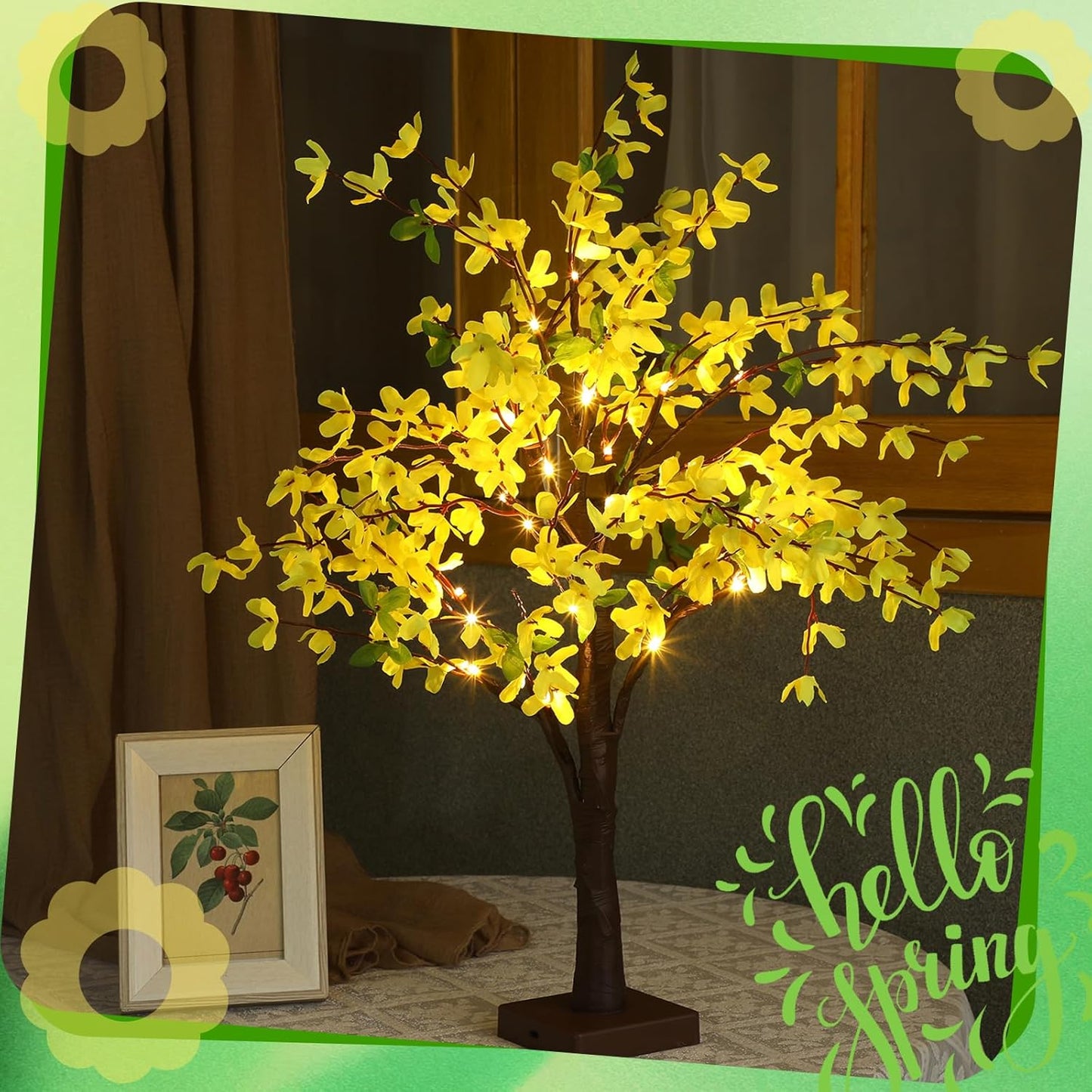 2 Pcs Fake Forsythia Tree Lamp Artificial Yellow Flowers Tree Lamp Forsythia Stems Birch Tree with LED Lights Spring Artificial Stem Flowers for Easter Home Party Wedding Holiday Spring Decor
