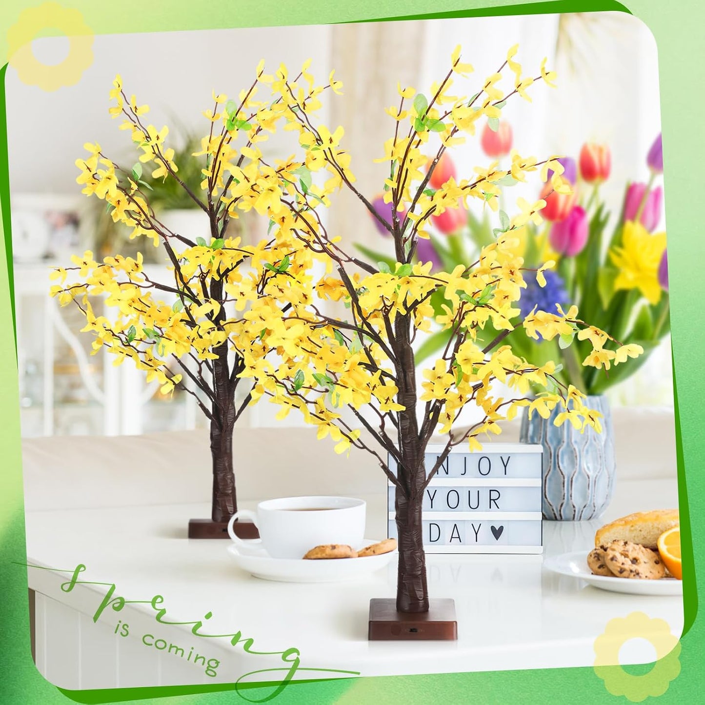 2 Pcs Fake Forsythia Tree Lamp Artificial Yellow Flowers Tree Lamp Forsythia Stems Birch Tree with LED Lights Spring Artificial Stem Flowers for Easter Home Party Wedding Holiday Spring Decor