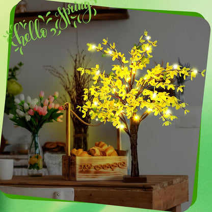 2 Pcs Fake Forsythia Tree Lamp Artificial Yellow Flowers Tree Lamp Forsythia Stems Birch Tree with LED Lights Spring Artificial Stem Flowers for Easter Home Party Wedding Holiday Spring Decor