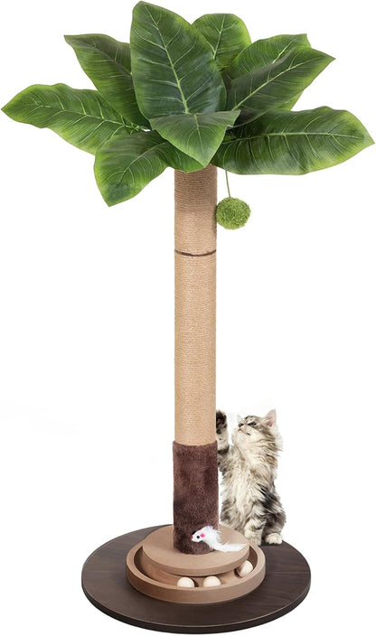 35" Sisal Rope Cat Scratching Post, Palm Leaf Cat Tree with Hanging Ball & Mouse Toy for Kittens & Adult Indoor Cats