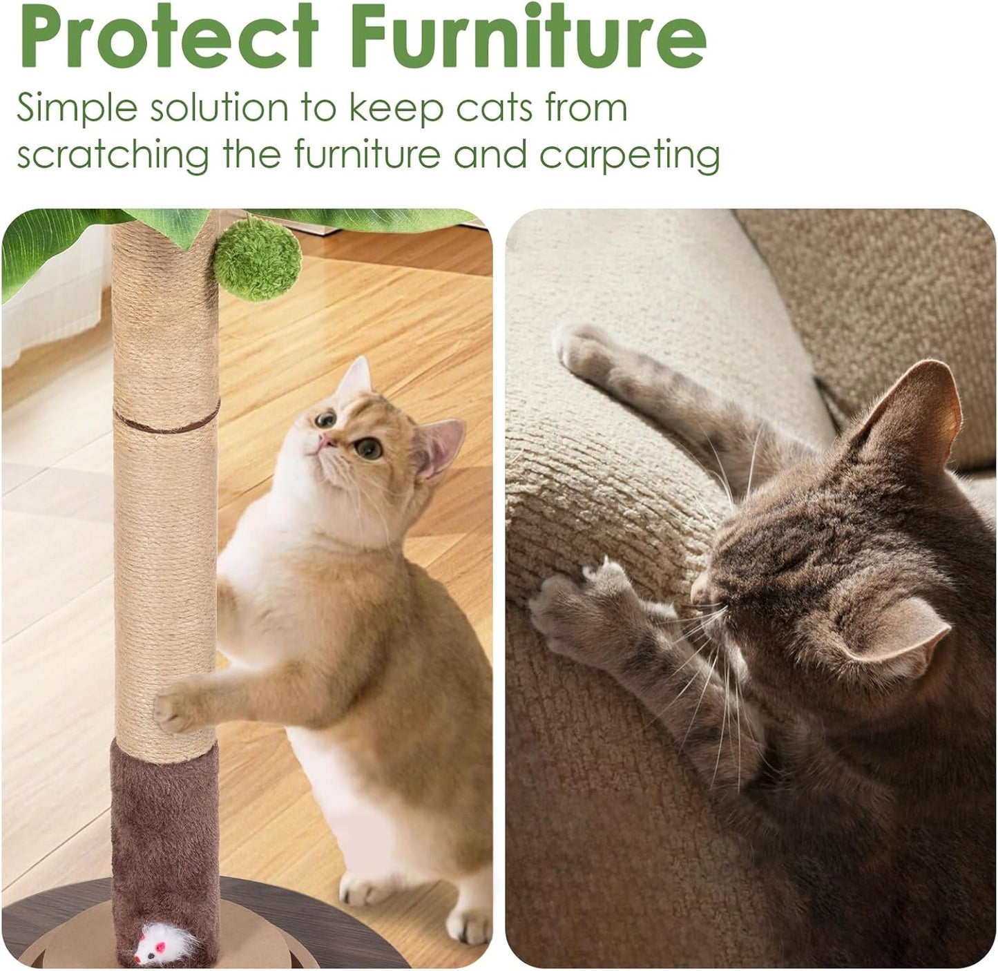 35" Sisal Rope Cat Scratching Post, Palm Leaf Cat Tree with Hanging Ball & Mouse Toy for Kittens & Adult Indoor Cats