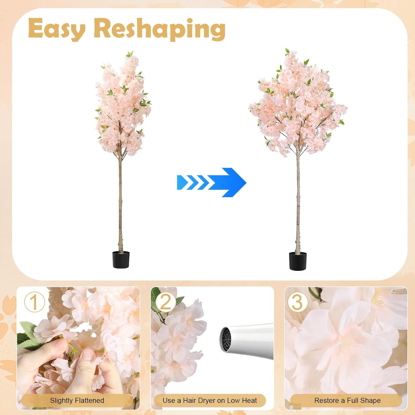 6FT Artificial Cherry Blossom Tree with Nursery Pot, Faux Champagne Sakura Tree with Adjustable Branches for Living Room, Entryway, Office and Wedding Decor