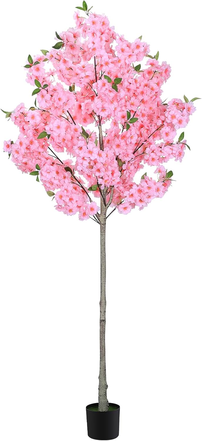 6FT Artificial Cherry Blossom Tree with Nursery Pot, Faux Champagne Sakura Tree with Adjustable Branches for Living Room, Entryway, Office and Wedding Decor