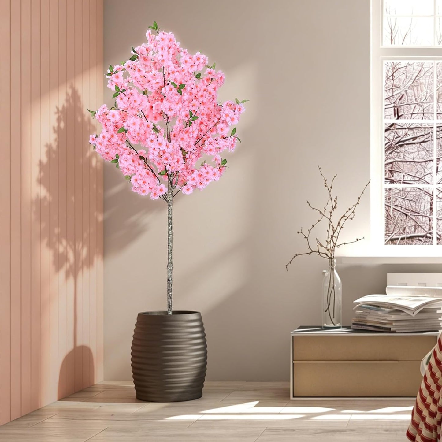 6FT Artificial Cherry Blossom Tree with Nursery Pot, Faux Champagne Sakura Tree with Adjustable Branches for Living Room, Entryway, Office and Wedding Decor