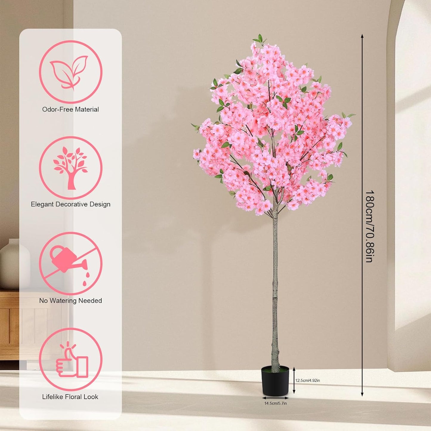 6FT Artificial Cherry Blossom Tree with Nursery Pot, Faux Champagne Sakura Tree with Adjustable Branches for Living Room, Entryway, Office and Wedding Decor