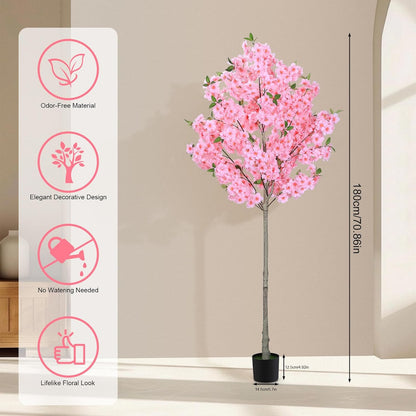6FT Artificial Cherry Blossom Tree with Nursery Pot, Faux Champagne Sakura Tree with Adjustable Branches for Living Room, Entryway, Office and Wedding Decor