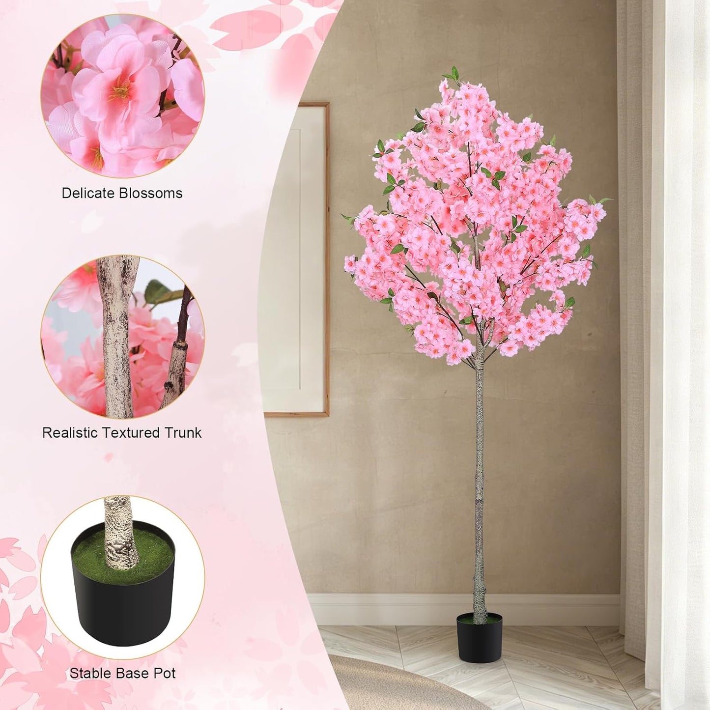 6FT Artificial Cherry Blossom Tree with Nursery Pot, Faux Champagne Sakura Tree with Adjustable Branches for Living Room, Entryway, Office and Wedding Decor