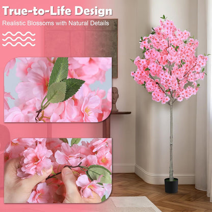 6FT Artificial Cherry Blossom Tree with Nursery Pot, Faux Champagne Sakura Tree with Adjustable Branches for Living Room, Entryway, Office and Wedding Decor