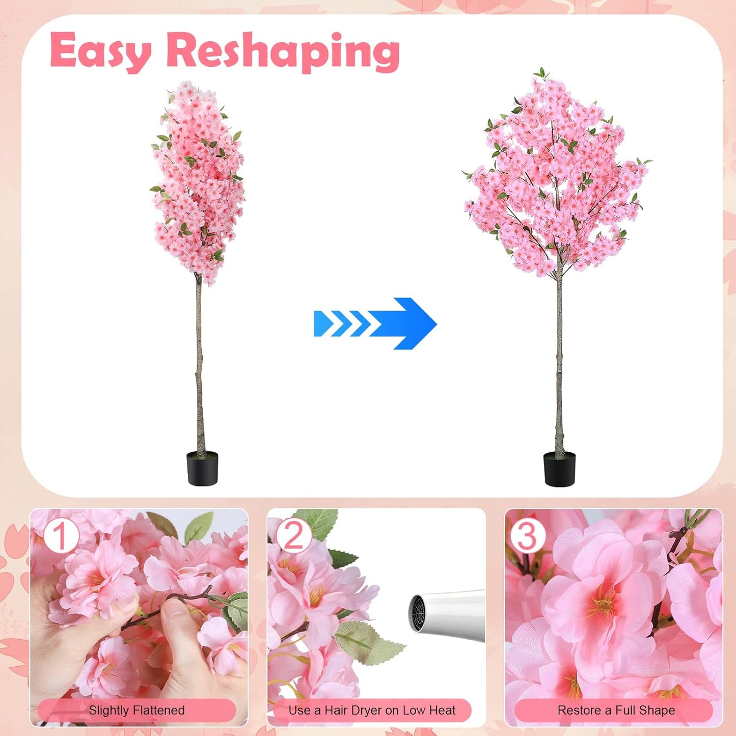 6FT Artificial Cherry Blossom Tree with Nursery Pot, Faux Champagne Sakura Tree with Adjustable Branches for Living Room, Entryway, Office and Wedding Decor