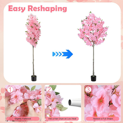 6FT Artificial Cherry Blossom Tree with Nursery Pot, Faux Champagne Sakura Tree with Adjustable Branches for Living Room, Entryway, Office and Wedding Decor