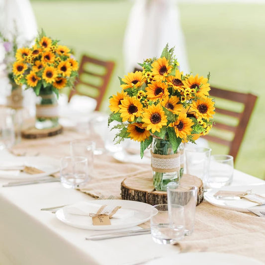 Artificial Sunflowers for Outdoors - 2 Bunches Fake Sunflower Bouquets with 14 Large Blooms, UV Resistant Silk Flowers for Home Wedding Fall Decor, Garden Party Centerpieces, 17.7 Inches