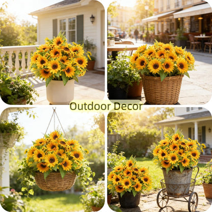 Artificial Sunflowers for Outdoors - 2 Bunches Fake Sunflower Bouquets with 14 Large Blooms, UV Resistant Silk Flowers for Home Wedding Fall Decor, Garden Party Centerpieces, 17.7 Inches