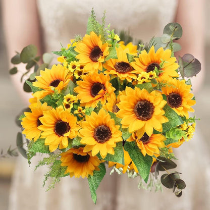 Artificial Sunflowers for Outdoors - 2 Bunches Fake Sunflower Bouquets with 14 Large Blooms, UV Resistant Silk Flowers for Home Wedding Fall Decor, Garden Party Centerpieces, 17.7 Inches